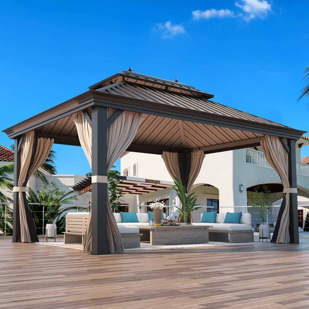 Allgoodsmarketstore 12' x 16' Hardtop Gazebo Galvanized Steel Double-Roof Canopy Outdoor, Aluminum Frame Permanent Metal Pavilion, Netting & Curtains