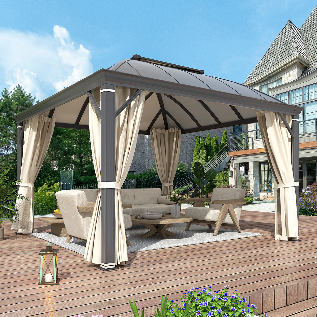 Allgoodsmarketstore 12' x 12' Hardtop Gazebo, Permanent Outdoor Aluminum Patio Gazebo with Aluminum Composite Double Arc Roof, Curtains and Netting Included