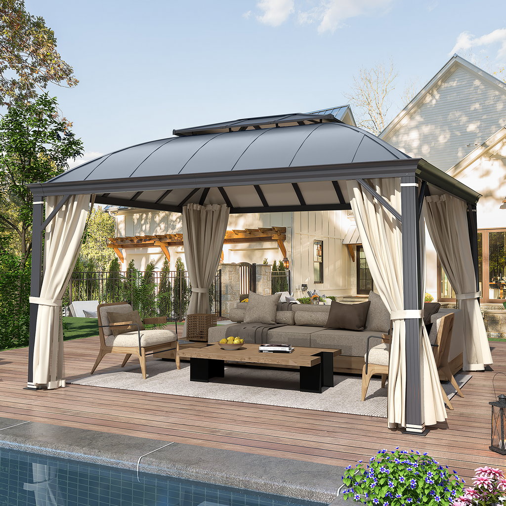 Allgoodsmarketstore 12' x 14' Hardtop Permanent Outdoor Aluminum Patio Gazebo, Double Roof for Patio Lawn and Garden, Curtains and Netting Included