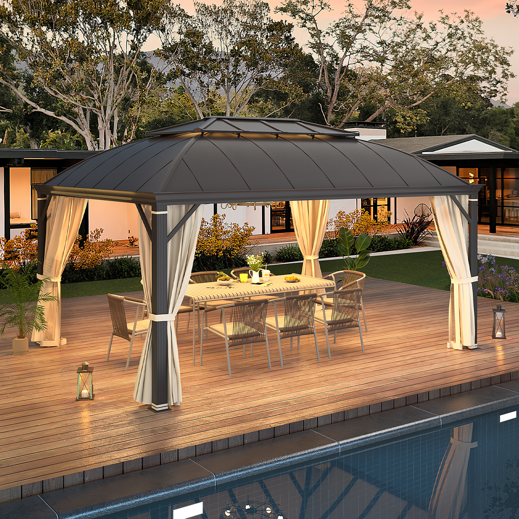 Allgoodsmarketstore 12' x 16' Hardtop Permanent Outdoor Aluminum Patio Gazebo, Double Roof for Patio Lawn and Garden, Curtains and Netting Included