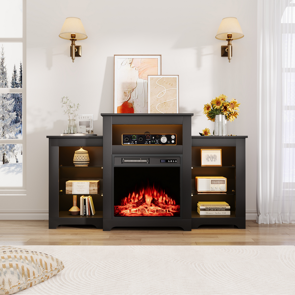 Allgoodsmarketstore 55" Electric Fireplace TV Stand with 16 Color Lights, Wooden Entertainment Center with Adjustable Shelves, Black