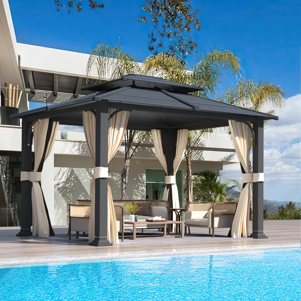 Allgoodsmarketstore 10' x 12' Hardtop Gazebo Outdoor Double Iron Roof with Curtains and Netting