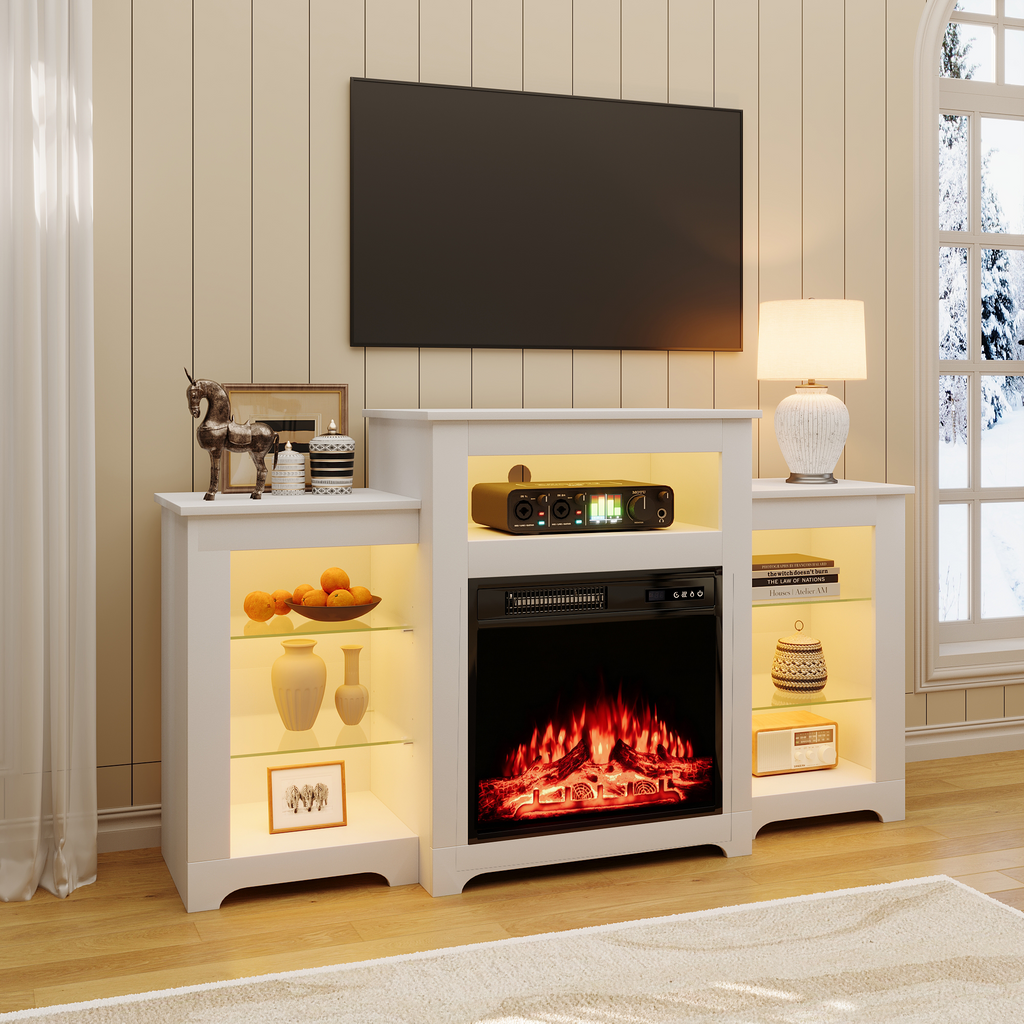 Allgoodsmarketstore 55" Electric Fireplace TV Stand with 16 Color Lights, Wooden Entertainment Center with Adjustable Shelves, White