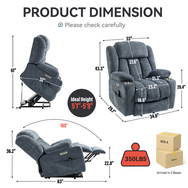 Allgoodsmarketstore Premium Electric Recliner Chair with 8-Point Massage & Heating, Plush Chenille Fabric, Gray Blue