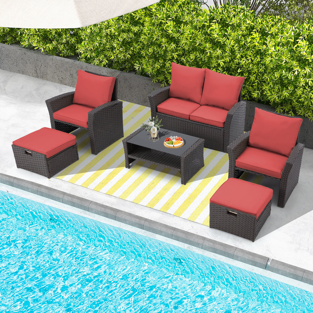 Allgoodsmarketstore 6 Pcs Patio Furniture Set with Ottoman and Storage Table, Wine Red