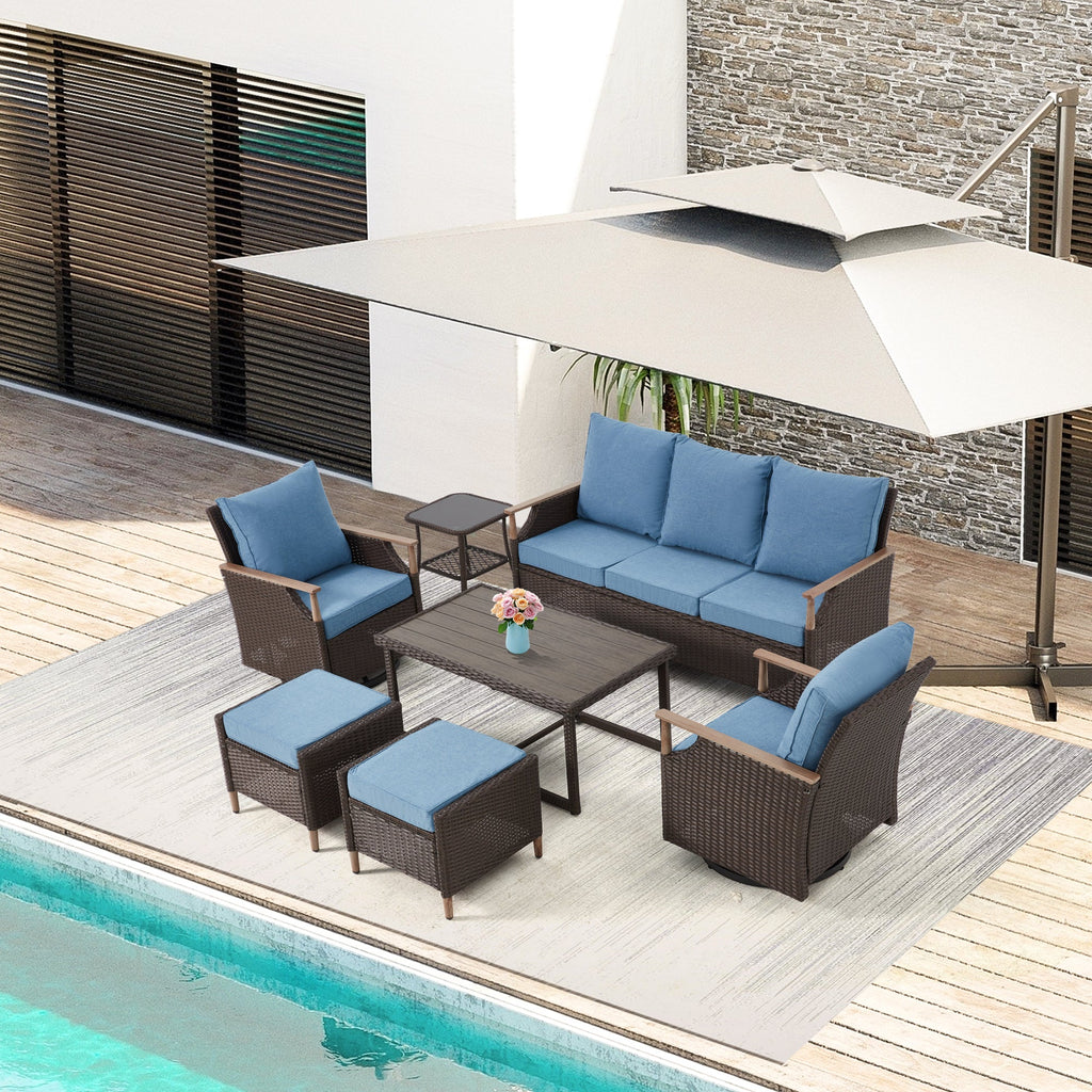 Allgoodsmarketstore 7-Piece Outdoor Wicker Patio Set with Swivel Chairs, Ottoman & Coffee Table, Blue
