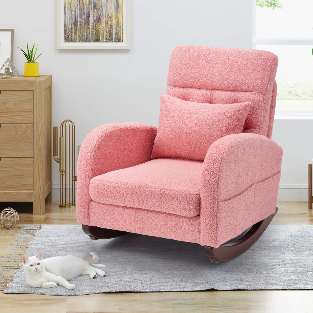 Allgoodsmarketstore Teddy Fleece Low Seat Rocking Chair with Blanket & Lumber Pillow, Nursery Glider Chair with Side Pockets