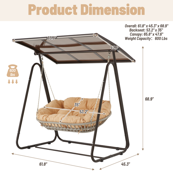 Allgoodsmarketstore Seat Patio Swing Chair with Adjustable Canopy, Beige