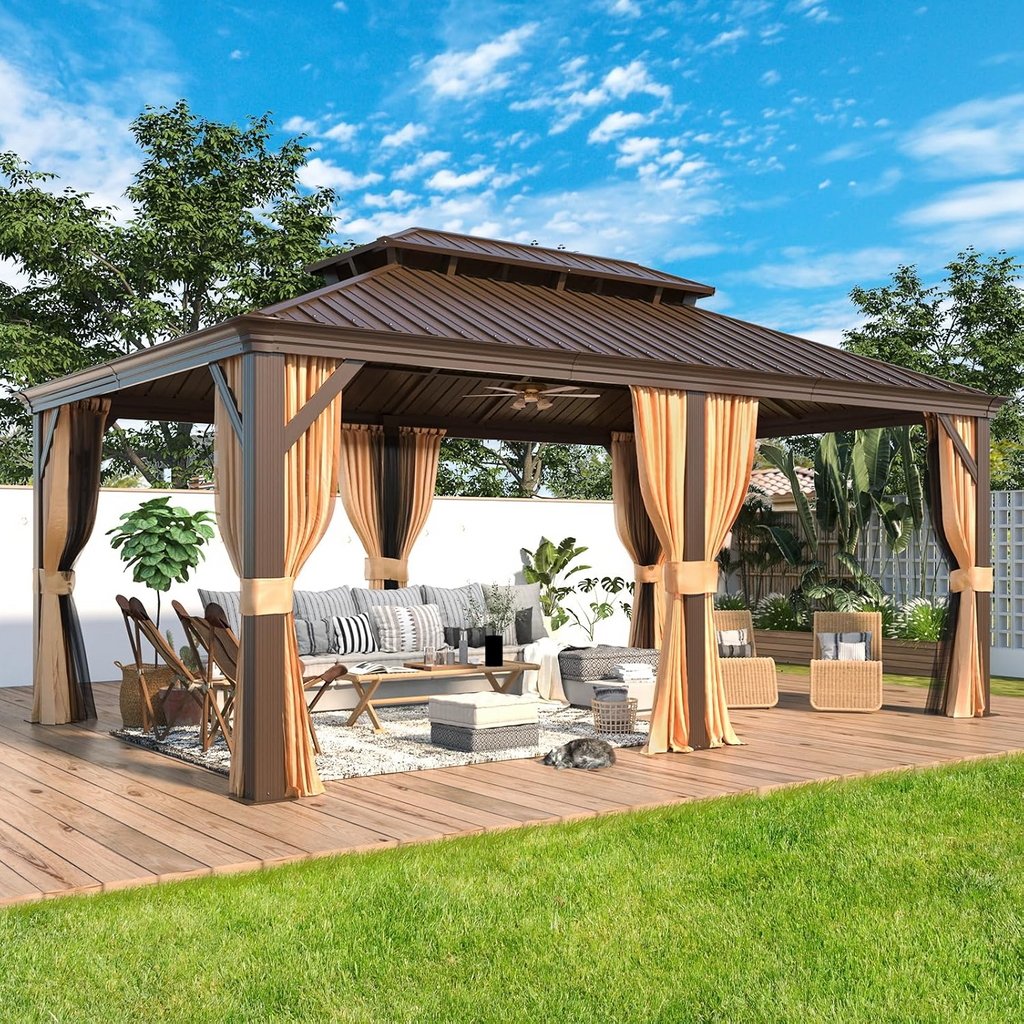 Allgoodsmarketstore 12' x 18' Gazebo Double Hardtop Roof Galvanized Steel Pavilion Aluminum Frame Permanent Brown
