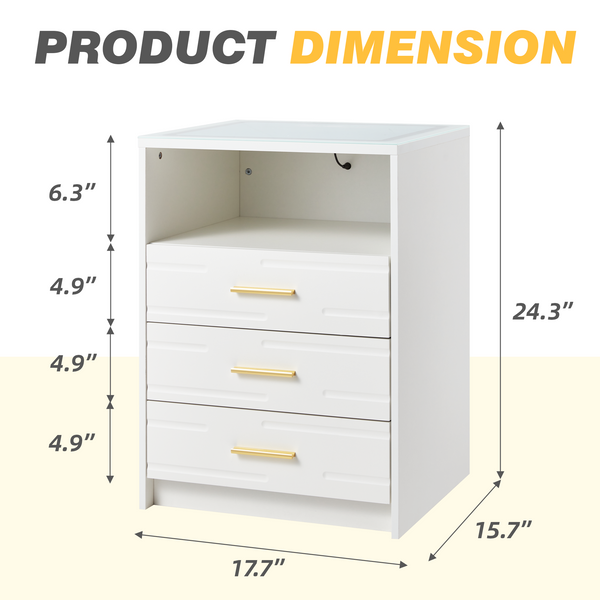Allgoodsmarketstore LED Nightstand with Wireless Charging, Smart Bedside Table with Drawers & Adjustable LED Lights, White
