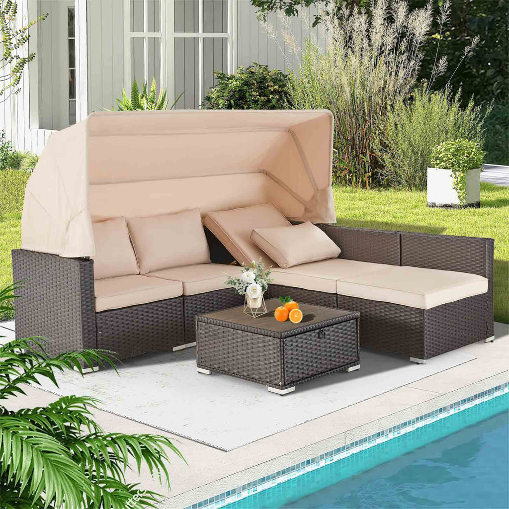 Allgoodsmarketstore 6 pcs outdoor sectional sofa daybed with retractable canopy and coffee table, khaki