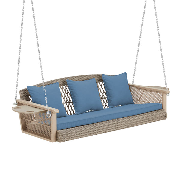 3-Seater Outdoor Wicker Porch Swing with Cup Holders and Waterproof Cushions for Porch and Balcony, Blue | Allgoodsmarketstore Furniture