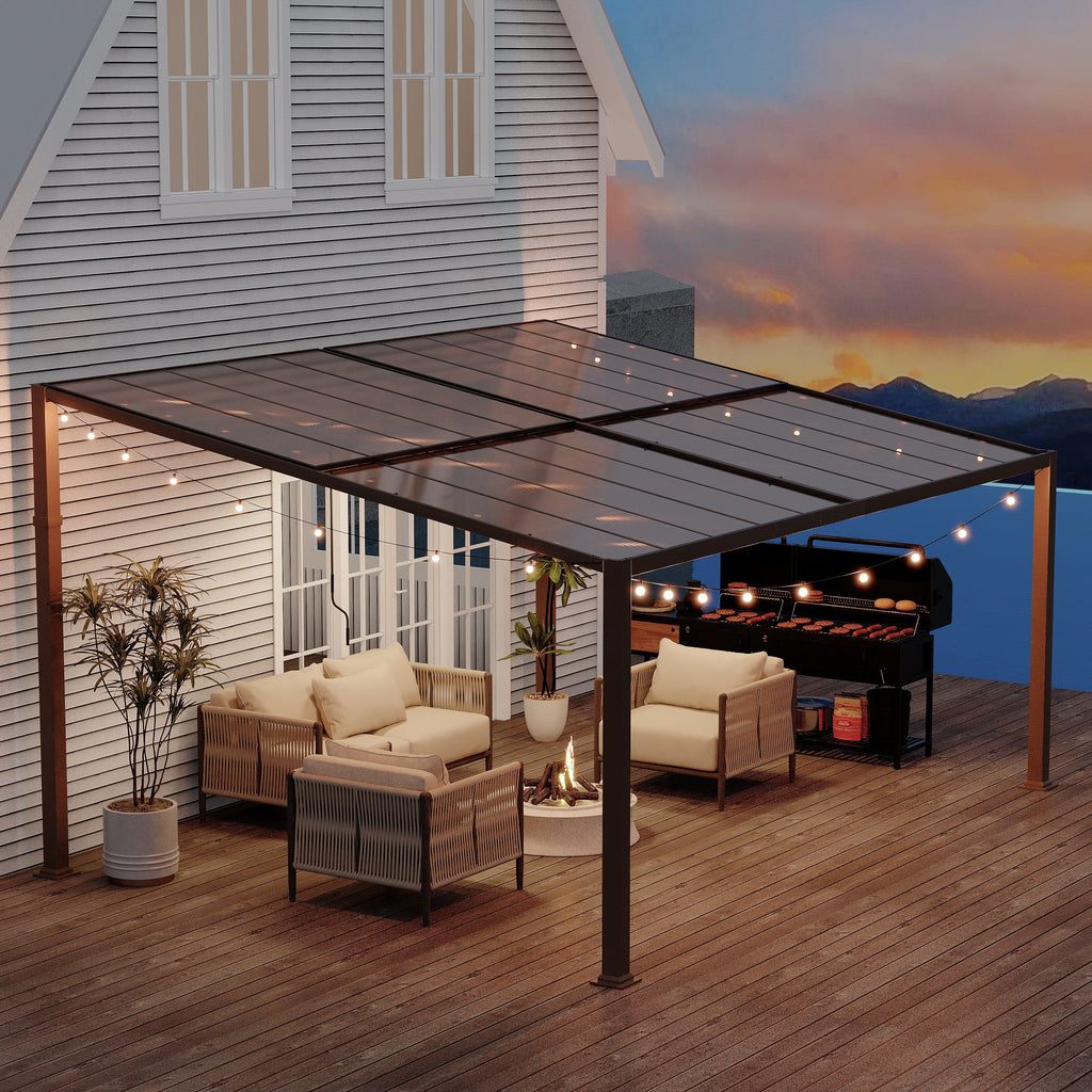 Allgoodsmarketstore 12' x 16' Lean to Gazebo, Patio Gazebo with Adjustable Polycarbonate Roof, Hardtop Wall Mounted Gazebo with Metal Frame, Outdoor Pergola for Deck, Porch, Garden, Backyard