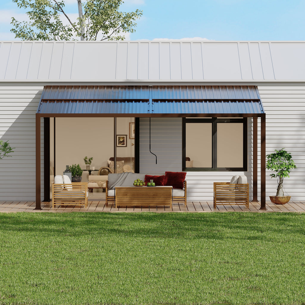 Allgoodsmarketstore 12' x 16' Lean to Gazebo, Patio Gazebo with Adjustable Galvanized Roof, Hardtop Wall Mounted Gazebo with Full Metal Frame, Outdoor Pergola for Deck, Porch, Garden, Backyard