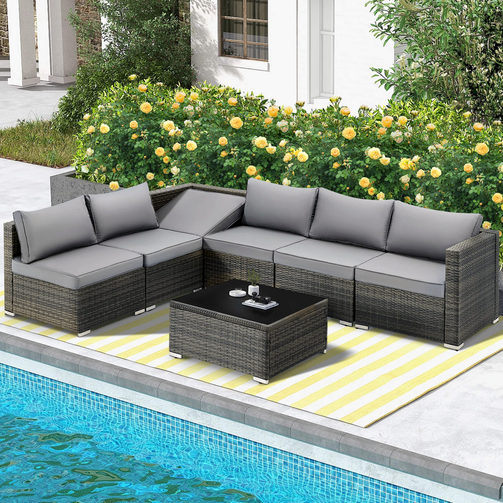 Allgoodsmarketstore 7 Piece Outdoor Patio Furniture with Storage Table, Cushions and Pillows, Gray