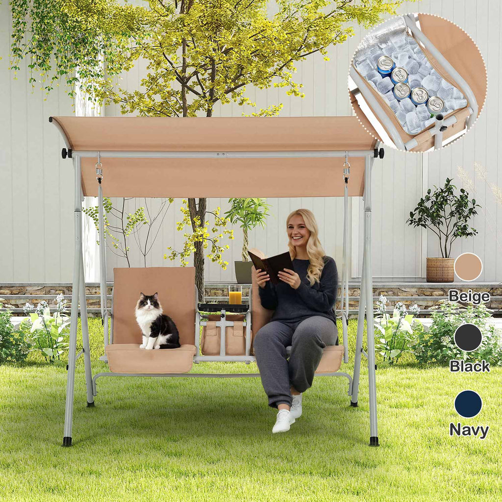 Allgoodsmarketstore 2 Seat Outdoor Porch Swing with Adjustable Canopy, Beige