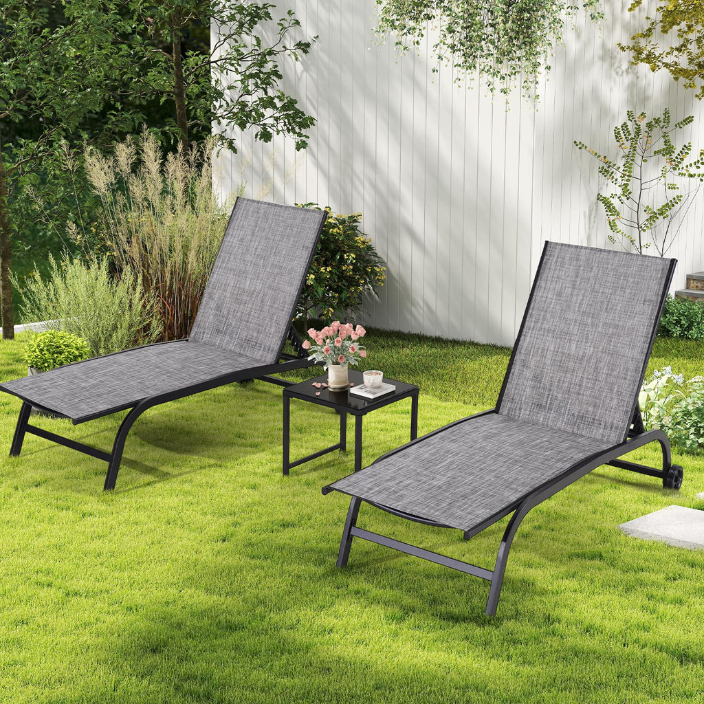 Allgoodsmarketstore Oversized 26" W Patio Chaise Lounge Chair Set of 2 with Table, Adjustable Backrest & Wheels, Grey