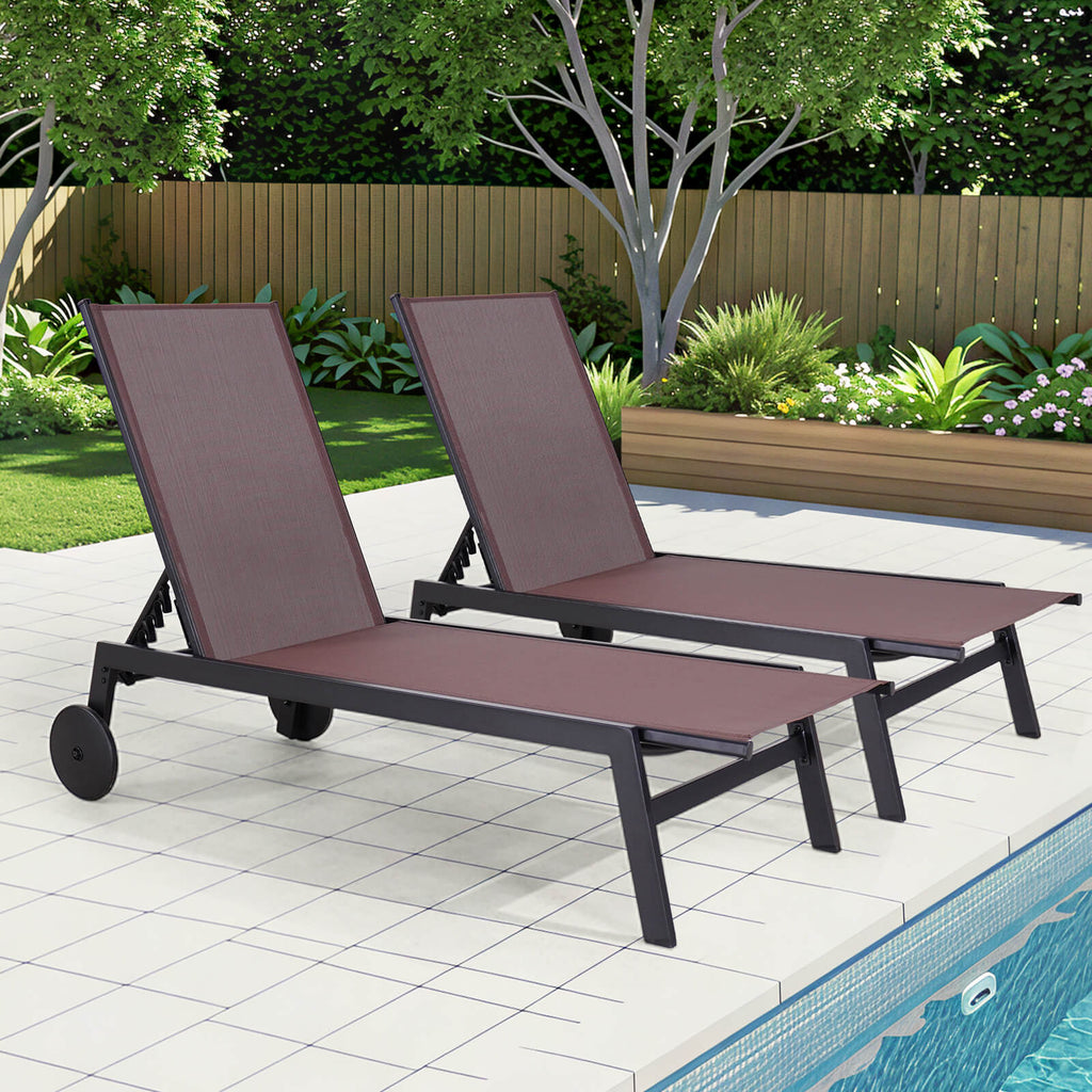 Allgoodsmarketstore 23 Inches Patio Chaise Lounge Chair Set of 2 with Table, Adjustable Backrest & Wheels, Brown