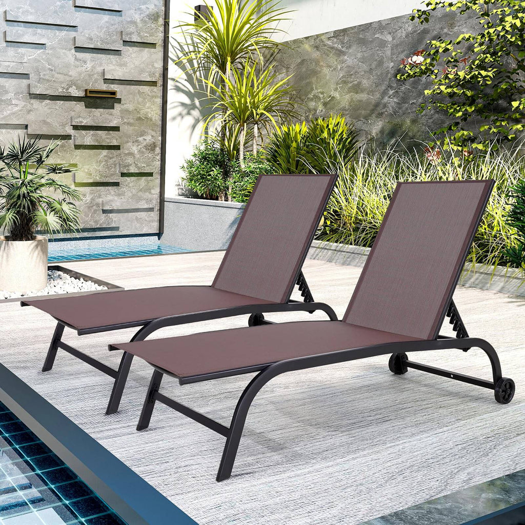 Allgoodsmarketstore  Oversized 26" W Patio Chaise Lounge Chair Set of 2 with Wheels, Oversized 26" W Outdoor Lounge Chairs, Brown