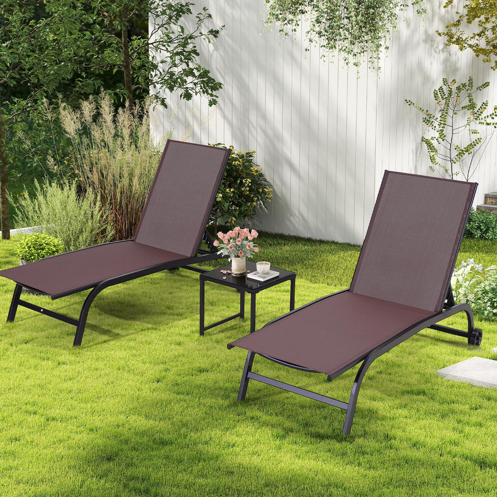Allgoodsmarketstore  Oversized 26" W Patio Chaise Lounge Chair Set of 2 with Table, Adjustable Backrest & Wheels, Brown