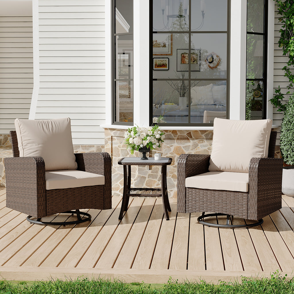Allgoodsmarketstore 3 Piece Outdoor Swivel Chairs -All Weather Wicker Patio Bistro Table and Chairs Set, Khaki