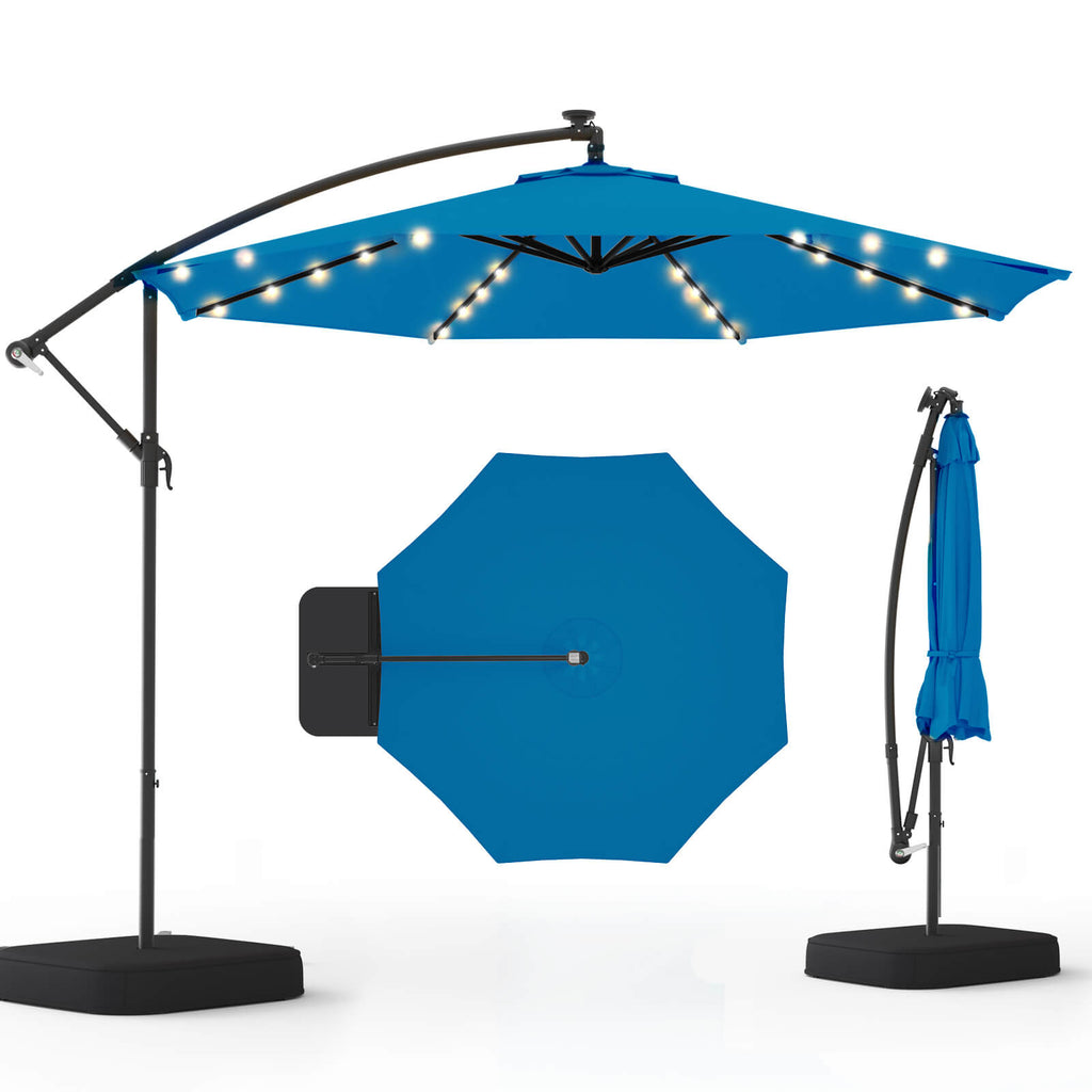 Allgoodsmarketstore 10ft Solar Lighted Patio Umbrella with Base, Outdoor Cantilever Umbrella, Infinite Tilt, Rolay Blue