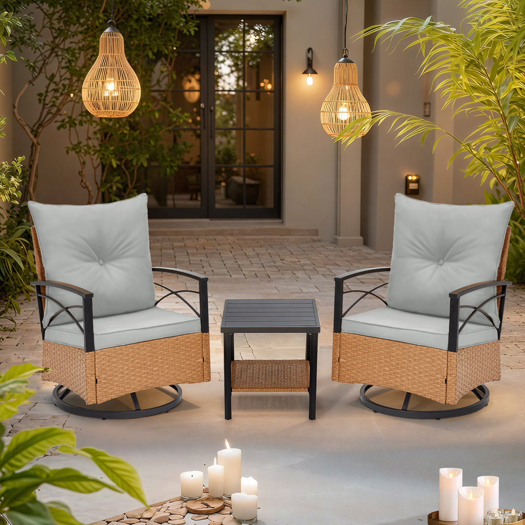 Allgoodsmarketstore 3-Piece Patio Swivel Rocker Set with Rattan Coffee Table, Gray