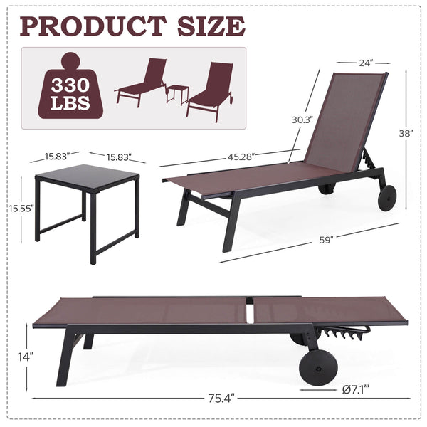 Allgoodsmarketstore 23 Inches Patio Chaise Lounge Chair Set of 2 with Table, Adjustable Backrest & Wheels, Brown