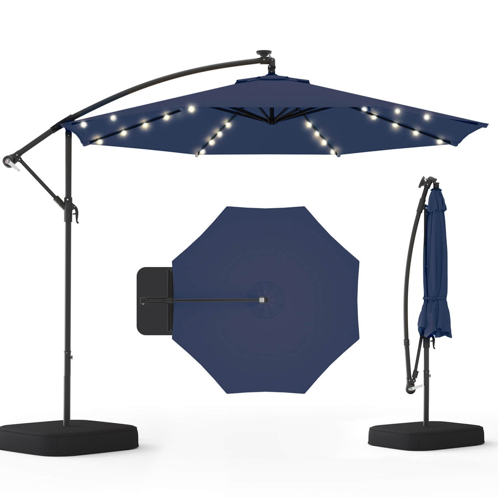 Allgoodsmarketstore 10ft Solar Lighted Patio Umbrella with Base, Outdoor Cantilever Umbrella, Infinite Tilt, Navy Blue