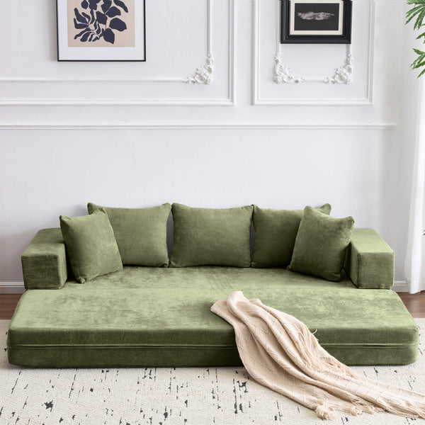 Allgoodsmarketstore 4-in-1 Folding Sofa Bed Queen, Chenille Sleeper Couch with Armrest & Pillows, Green