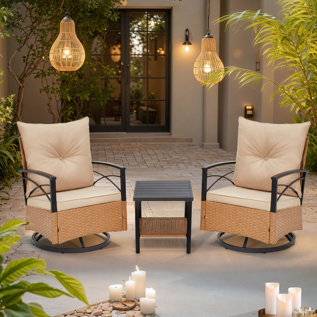 Allgoodsmarketstore 3-Piece Patio Swivel Rocker Set with Rattan Coffee Table, Beige