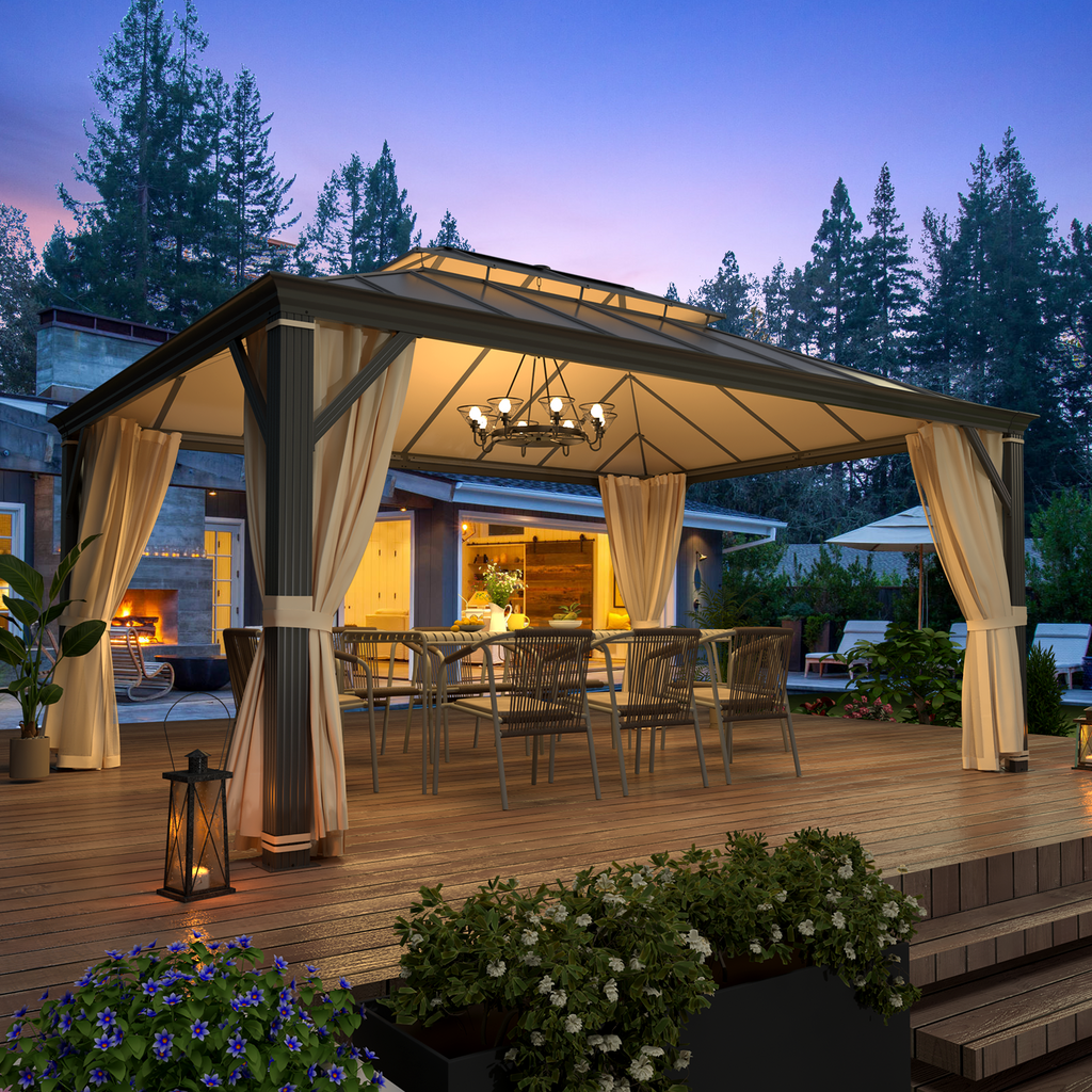 Allgoodsmarketstore 12' x 16' Hardtop Gazebo, Permanent Outdoor Aluminum Patio Gazebo, Double Roof, Patio and Garden, Curtains and Netting