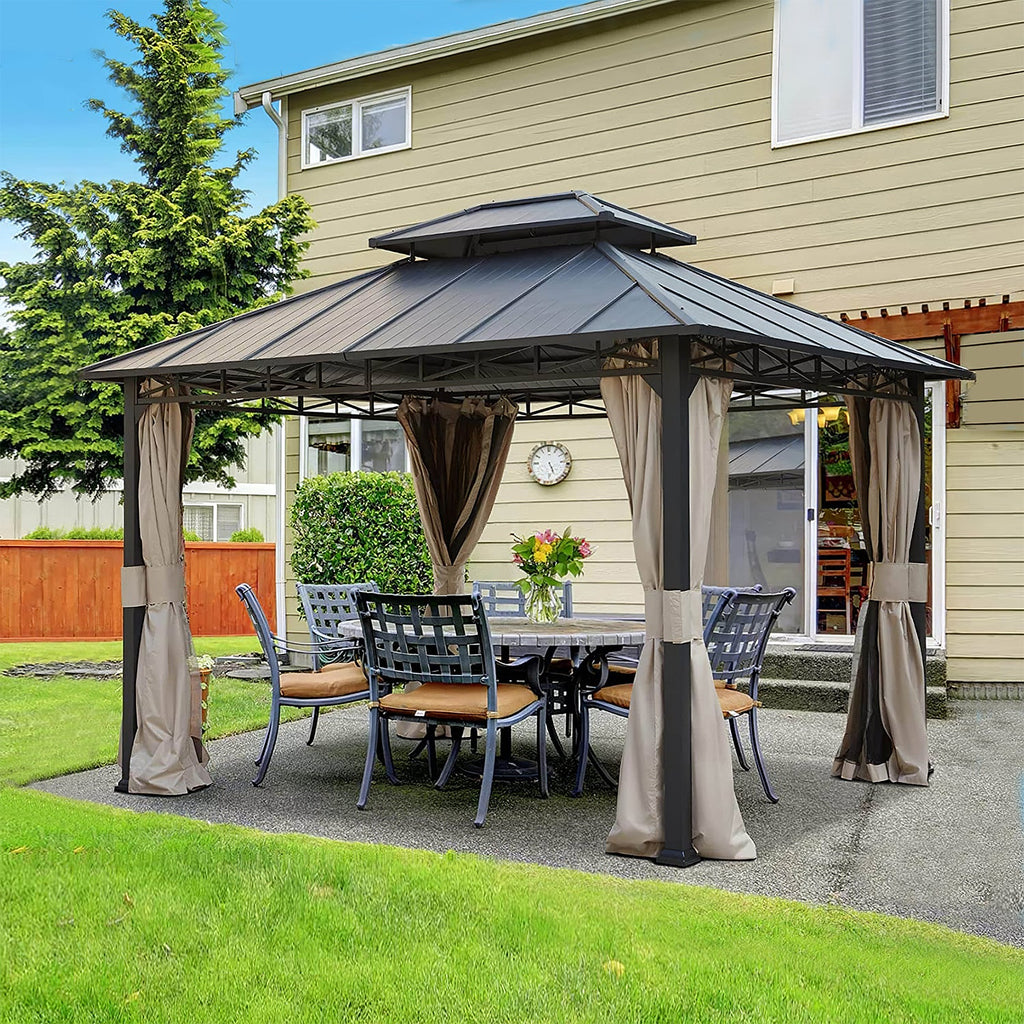 Allgoodsmarketstore 10' x 12' Iron Gazebo Hardtop Double Roof w/ Anti-Rust Coating Frame, Waterproof Curtains & Netting