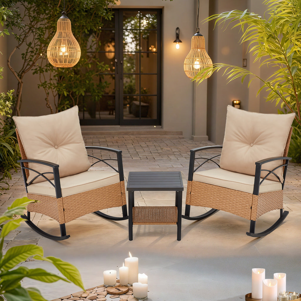 Allgoodsmarketstore 3-Piece Bistro Set: Outdoor Rattan Rocking Chairs with Cushions and Coffee Table