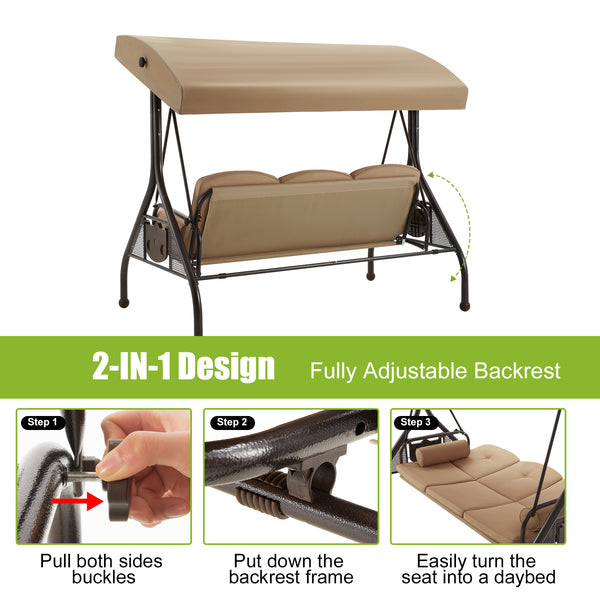 Allgoodsmarketstore 3-Seat Outdoor Porch Swing with Adjustable Canopy and Backrest, Brown 