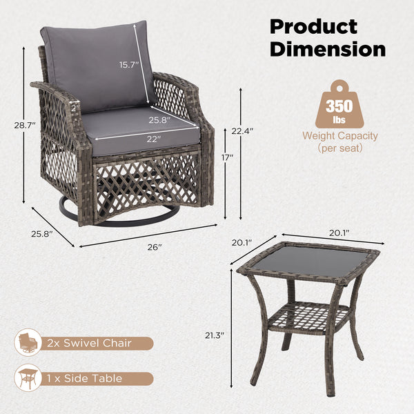Allgoodsmarketstore 3 Piece Outdoor Swivel Chair Set, Patio Furniture Conversation Set for Deck, Yard, Garden, Poolside(Gray)