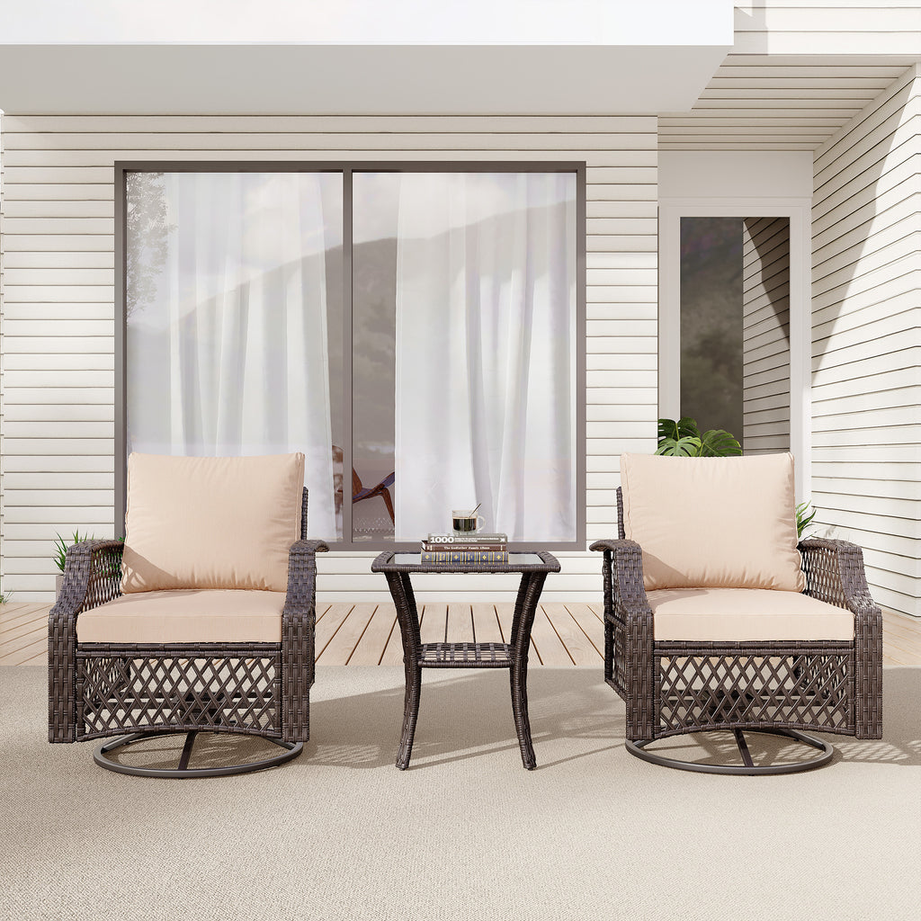 Allgoodsmarketstore 3 Piece Outdoor Swivel Chair Set, Patio Furniture Conversation Set for Deck, Yard, Garden, Poolside(Khaki)