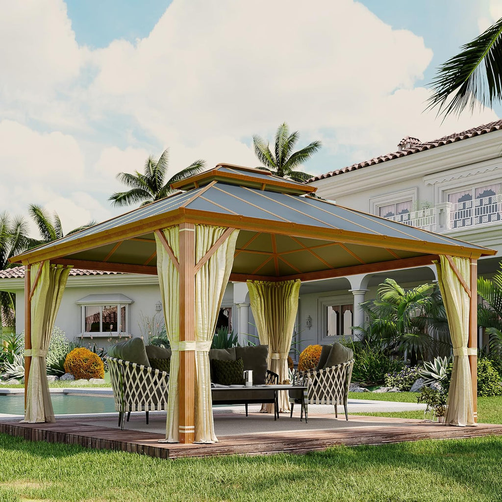 Allgoodsmarketstore 12' x 14' Gazebo Outdoor Double Roof Aluminum Composite Canopy Aluminum Frame Pavilion with Curtains and Netting for Patio Lawn Garden Backyard