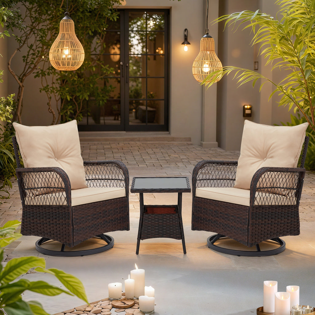 Allgoodsmarketstore 3-Piece Patio Swivel Rocker Set with Rattan Coffee Table, Beige