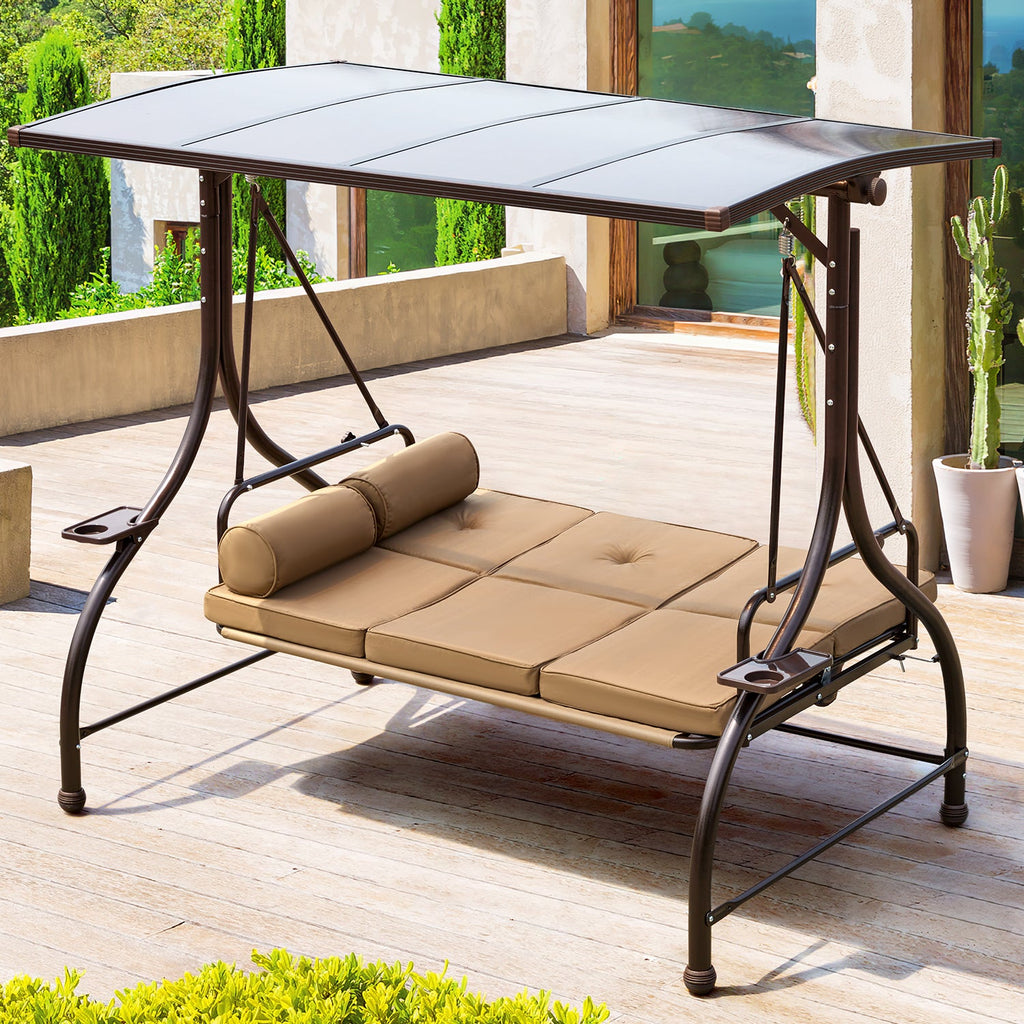 Allgoodsmarketstore 57in Outdoor Patio Swing with Hardtop,  Convertible Backrest Swing Bed with Cushion, 2 Pillows