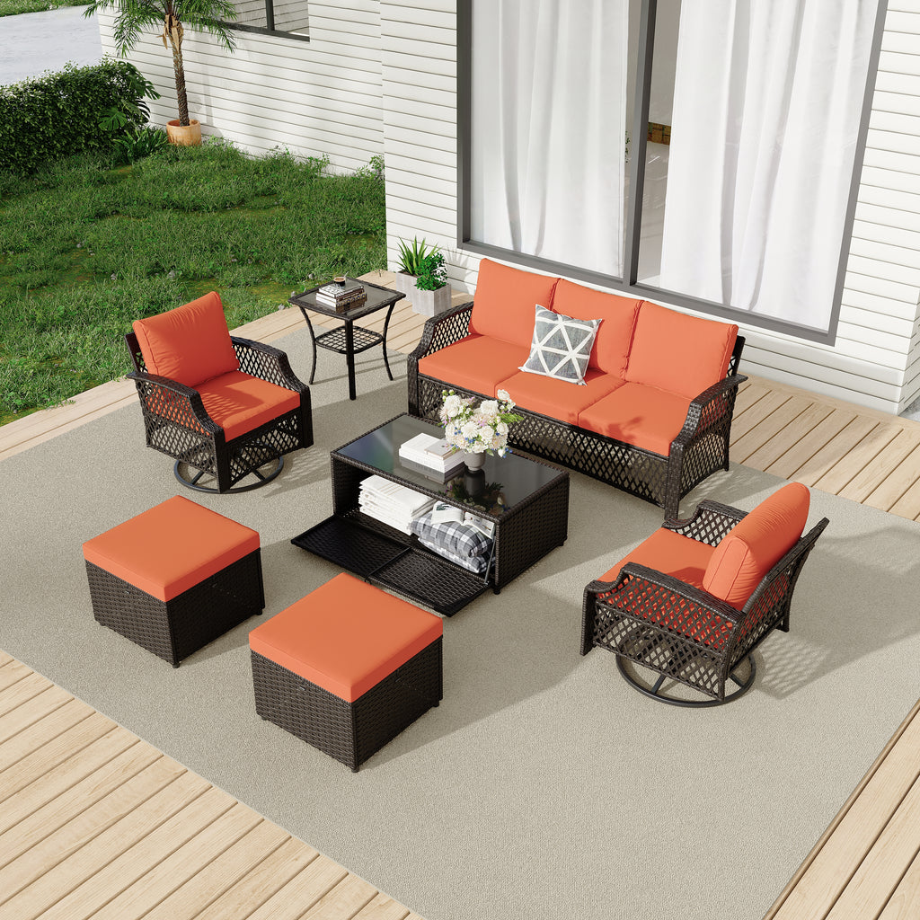 Allgoodsmarketstore 7 Piece Patio Furniture Set, Rattan Outdoor Sectional for Deck Backyard Porch (Orange)
