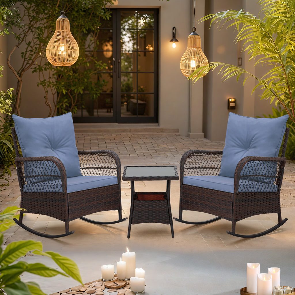 Allgoodsmarketstore 3-Piece Rattan Rocking Bistro Set with Glass Coffee Table for Porch & Garden