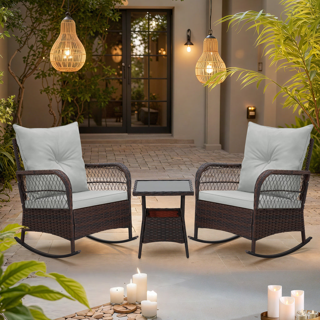 Allgoodsmarketstore 3-Piece Rattan Rocking Bistro Set with Glass Coffee Table for Porch & Garden