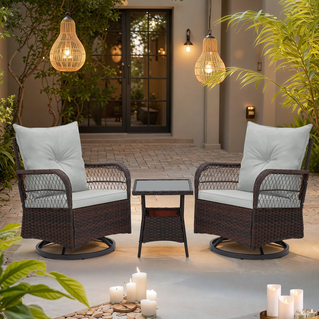 Allgoodsmarketstore 3-Piece Patio Swivel Rocker Set with Rattan Coffee Table for Lawn, Garden, Porch