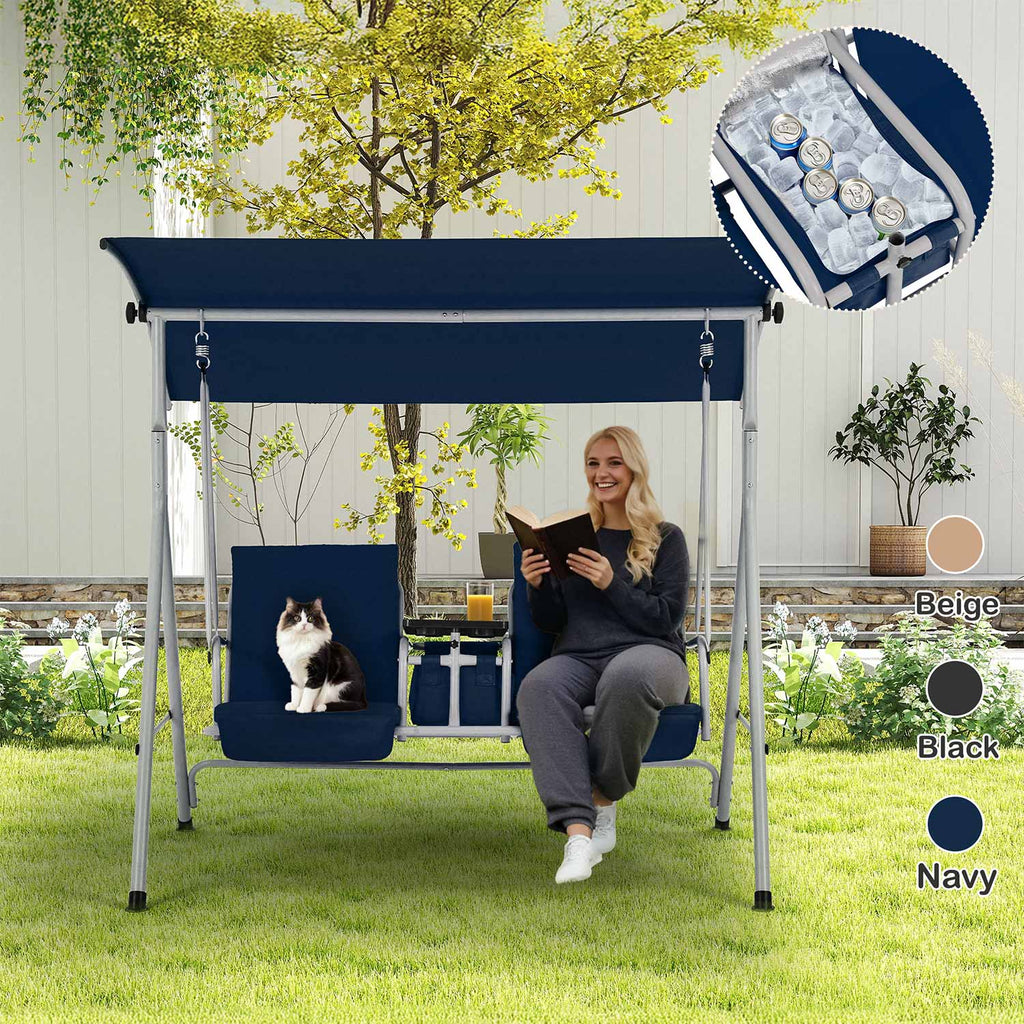 Allgoodsmarketstore 2 Seat Outdoor Porch Swing with Adjustable Canopy, Navy Blue