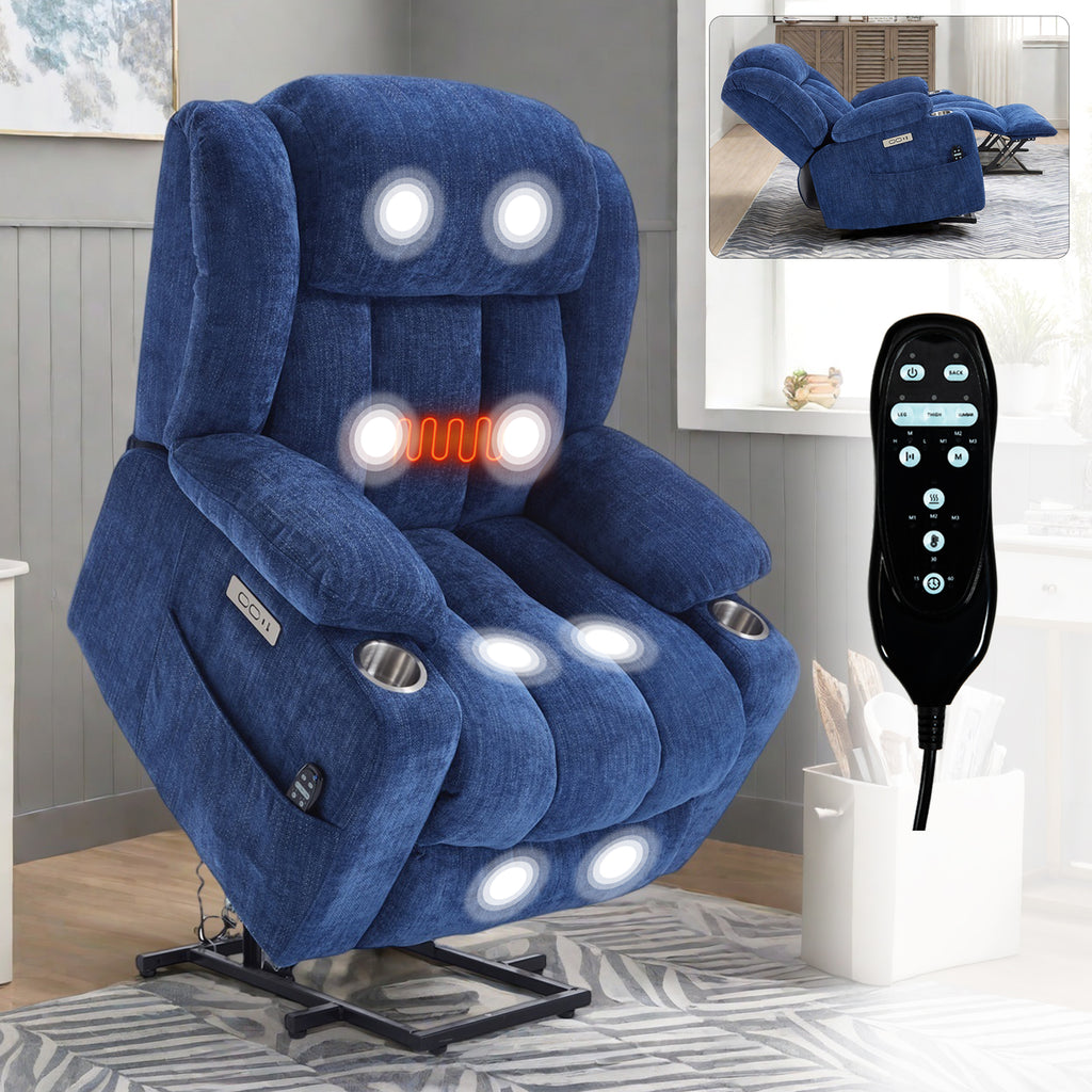 Allgoodsmarketstore Premium Electric Recliner Chair with 8-Point Massage & Heating, Plush Chenille Fabric, Blue