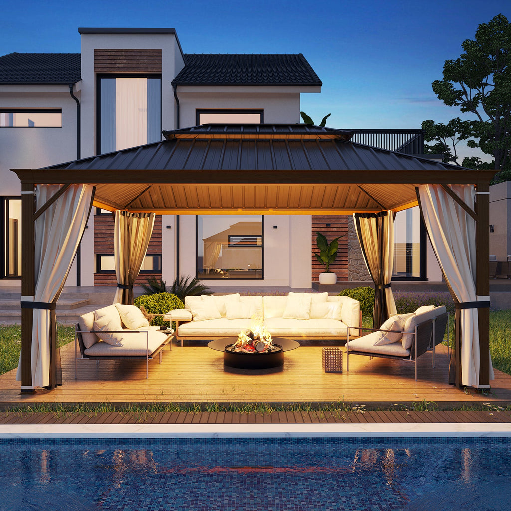 Allgoodsmarketstore 12' x 16' Hardtop Gazebo with Aluminum Frame, Wood-Grain