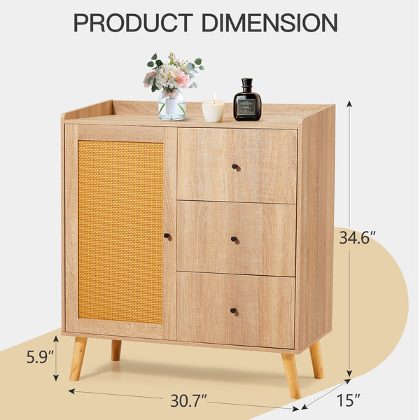 Allgoodsmarketstore Modern Cabinet with Rattan Door and 3 Drawers for Living Room, Kitchen, and Dining Room