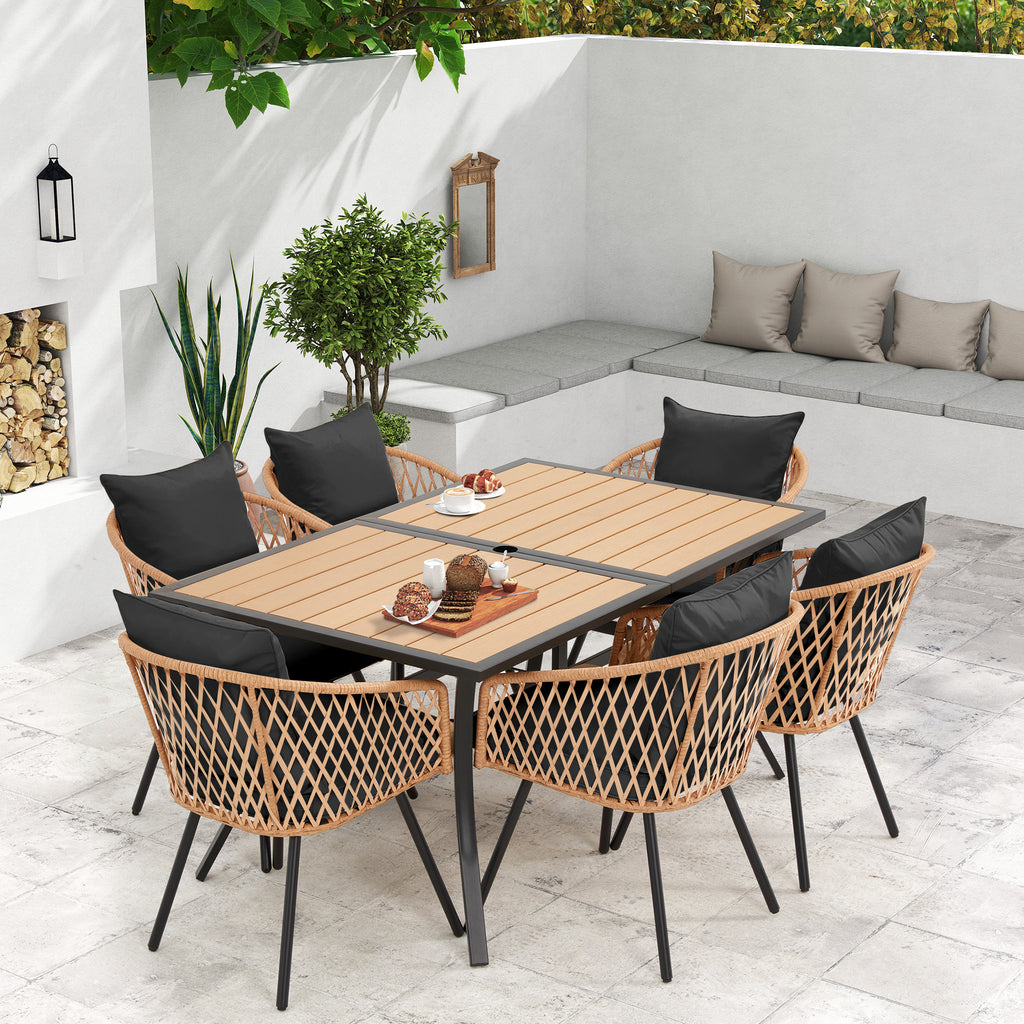 Allgoodsmarketstore 7-Piece Outdoor Dining Set – Rectangular Table with Umbrella Hole & 6 Rattan Chairs, Black