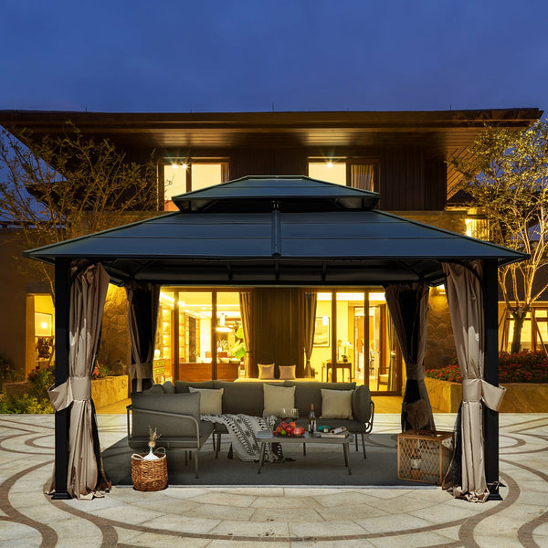 Allgoodsmarketstore 12' x 14' Hardtop Gazebo Outdoor Double Roof with Curtains and Netting,  Anti-Rust Coating Frame